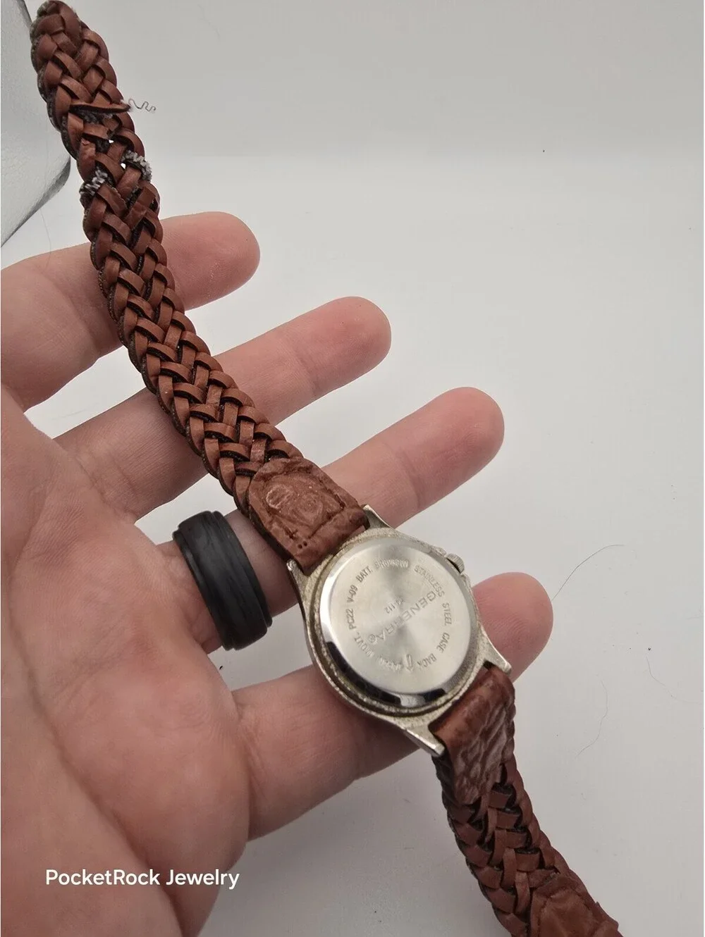 Generra Military Field Style Black Dial Date Braided Brown Leather Quartz Watch